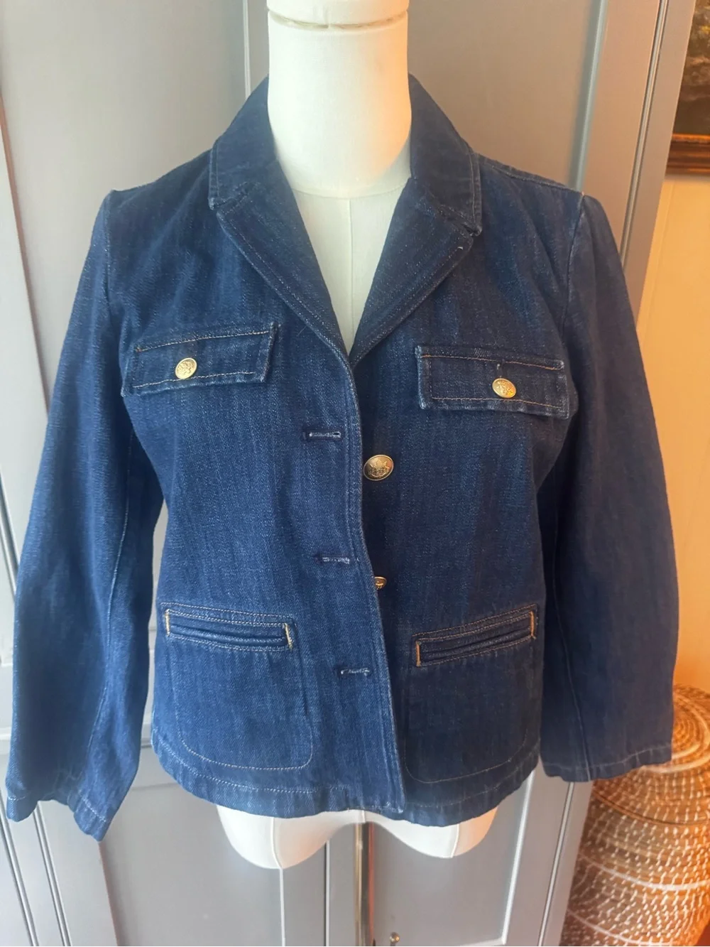 J. Crew Indigo Denim Blazer Jacket with Gold Buttons