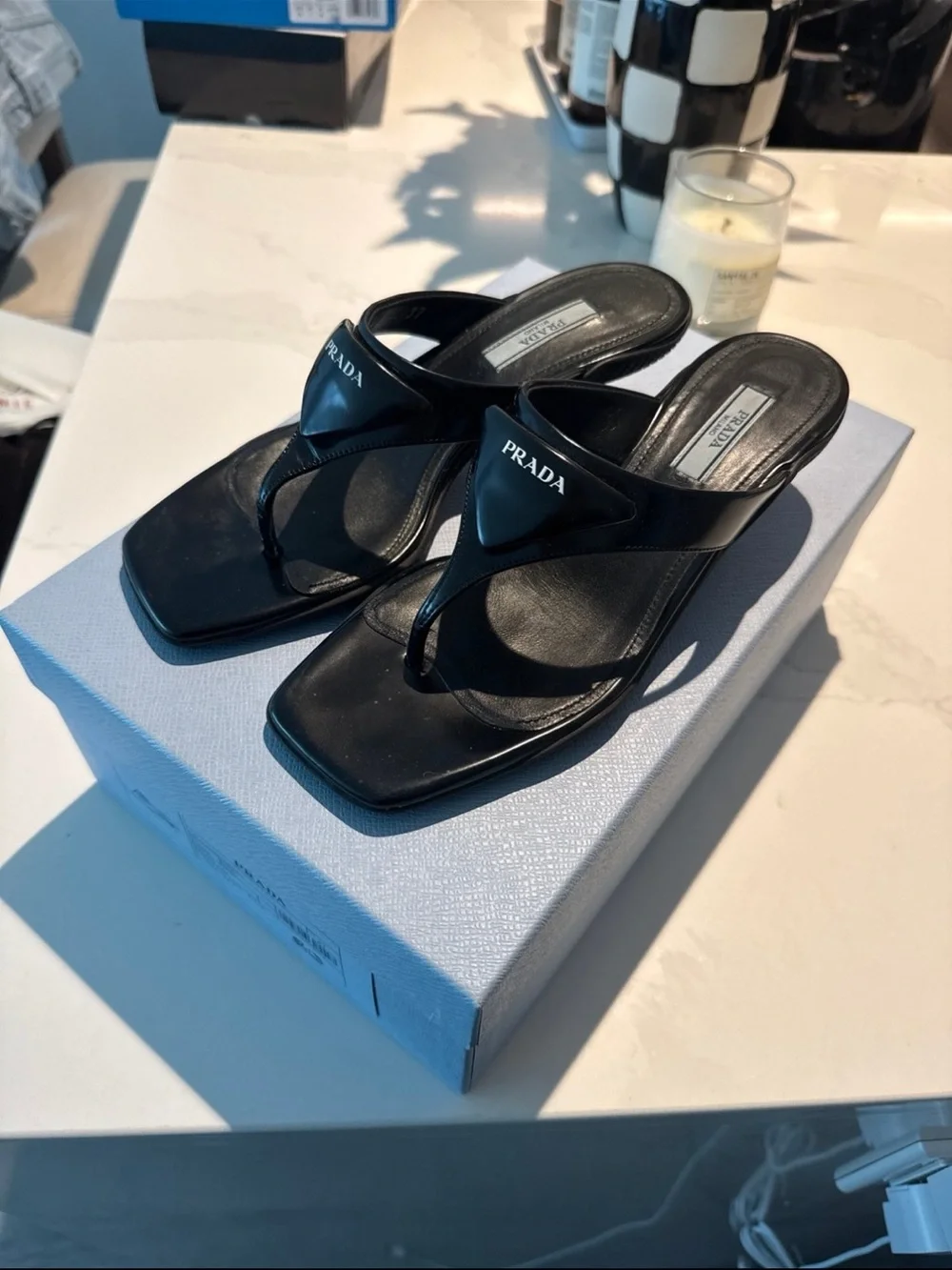 Prada Black Leather Square Toe Thong Mules