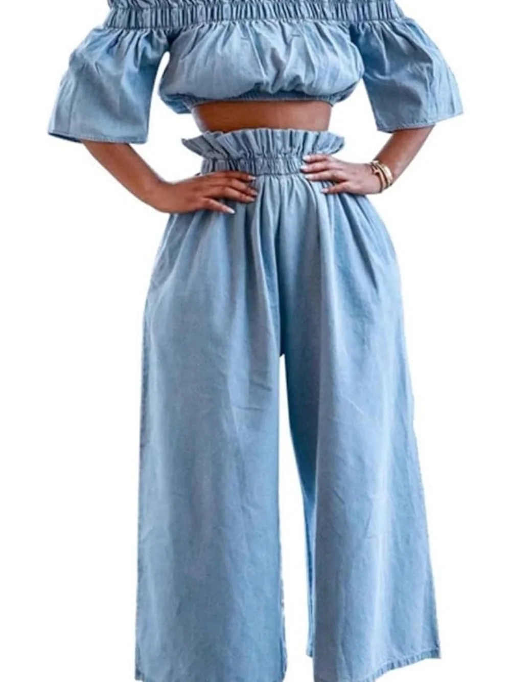 Two Pieve Set Elastic-Waist Wide Leg Pants - Light Blue