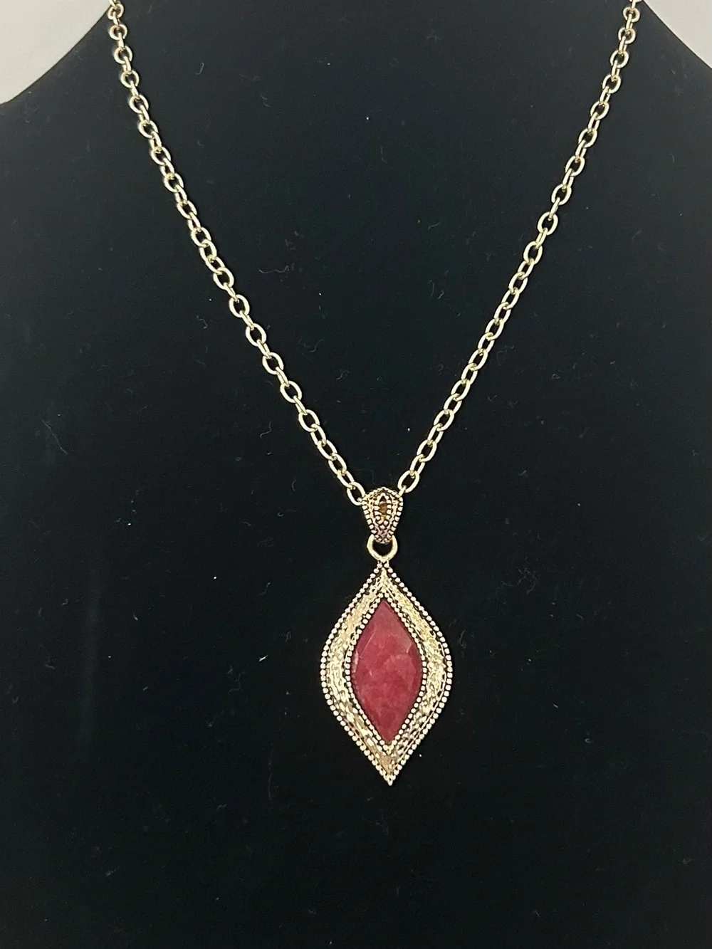 Barse Bronze Necklace with Red Marquise Pendant