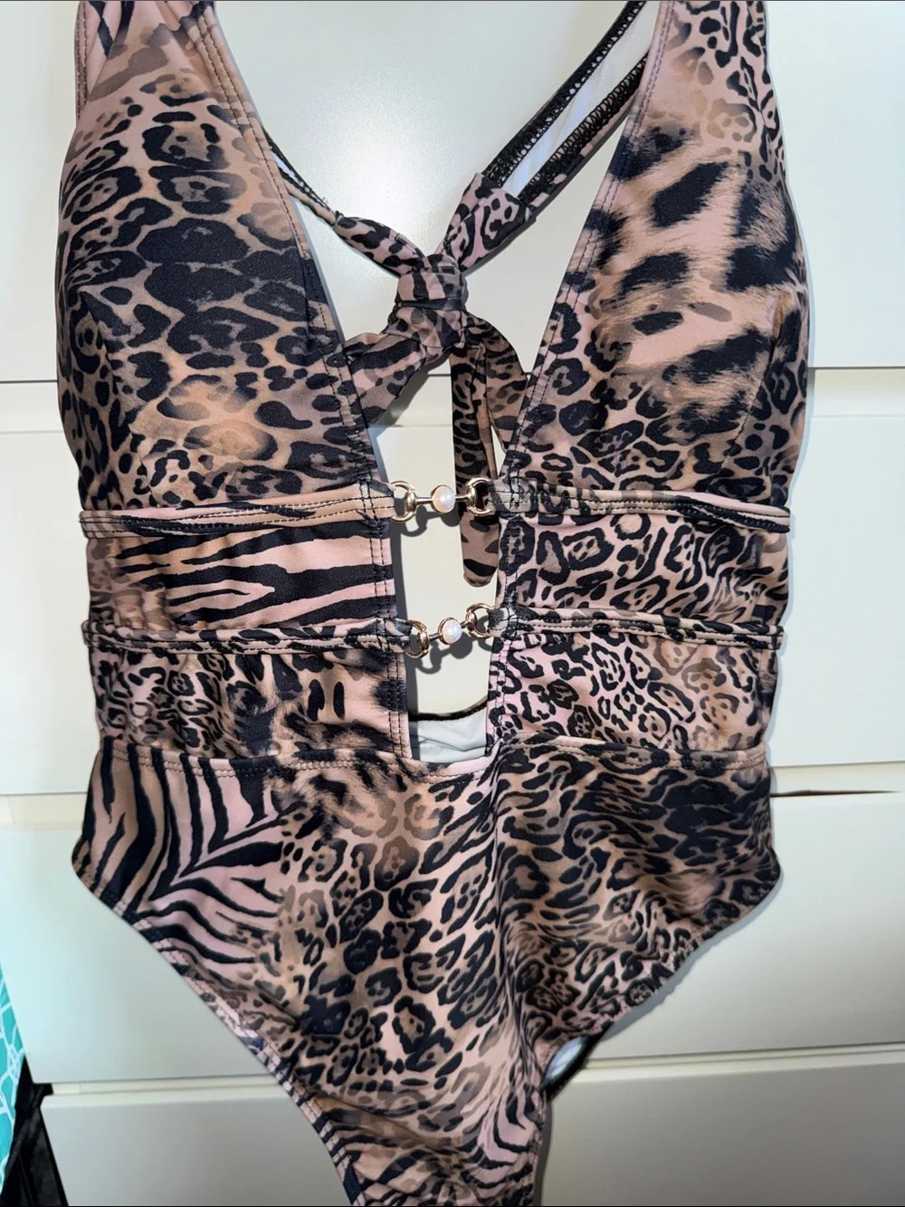 Animal Print Cutout One-Piece Swimsuit - taupe tan and Black
