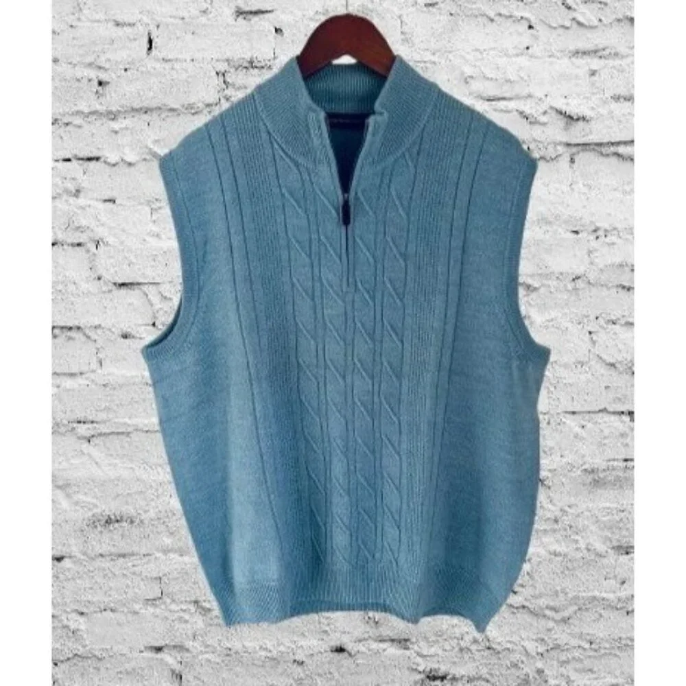 Carnoustie Blue Cable Knit Merino Wool Sleeveless Quarter-Zip Sweater Vest XL