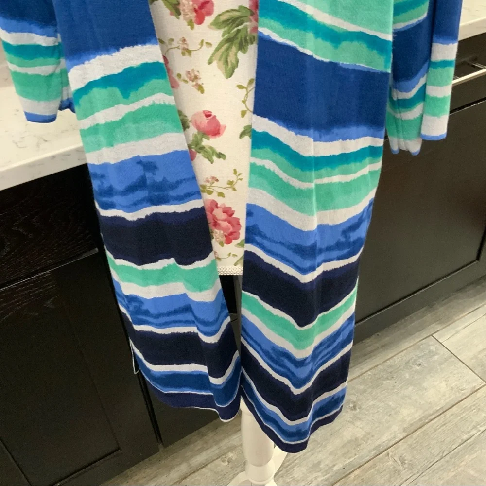 Chico's Striped Open-Front Cardigan in Blue, Teal, Navy