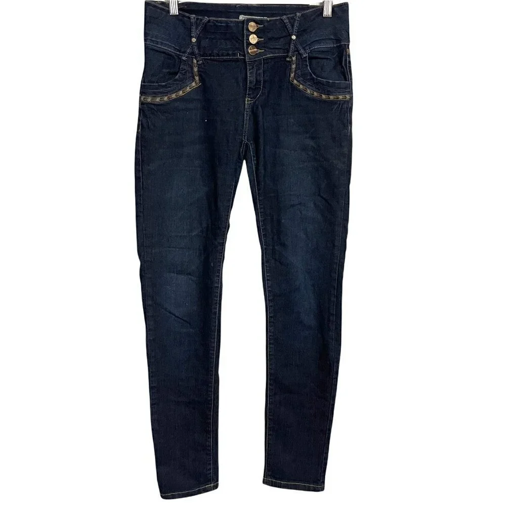I&M Jeans Women's Dark Mid Wash Embroidered Trim Stretch Skinny Jeans Size 30