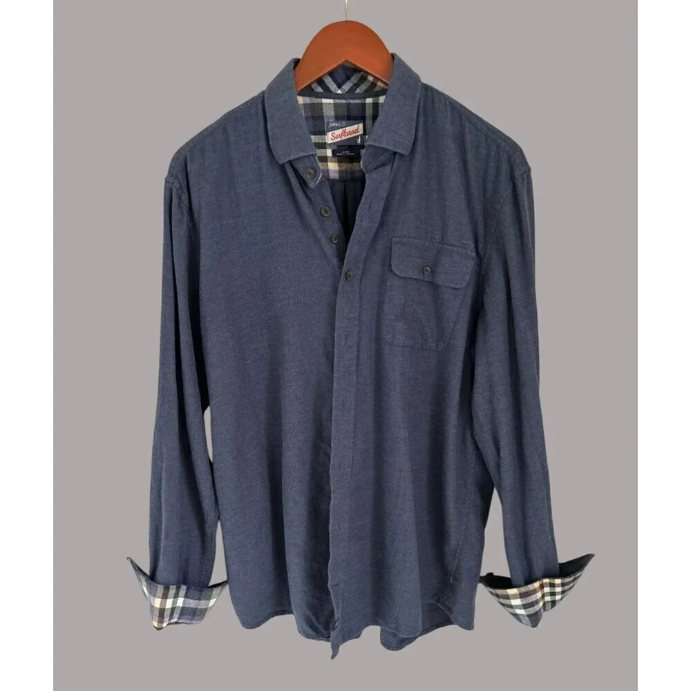 Johnnie-O Surf Flannel Shirt Large Navy Blue 100% Cotton Long Sleeve Button-Up W