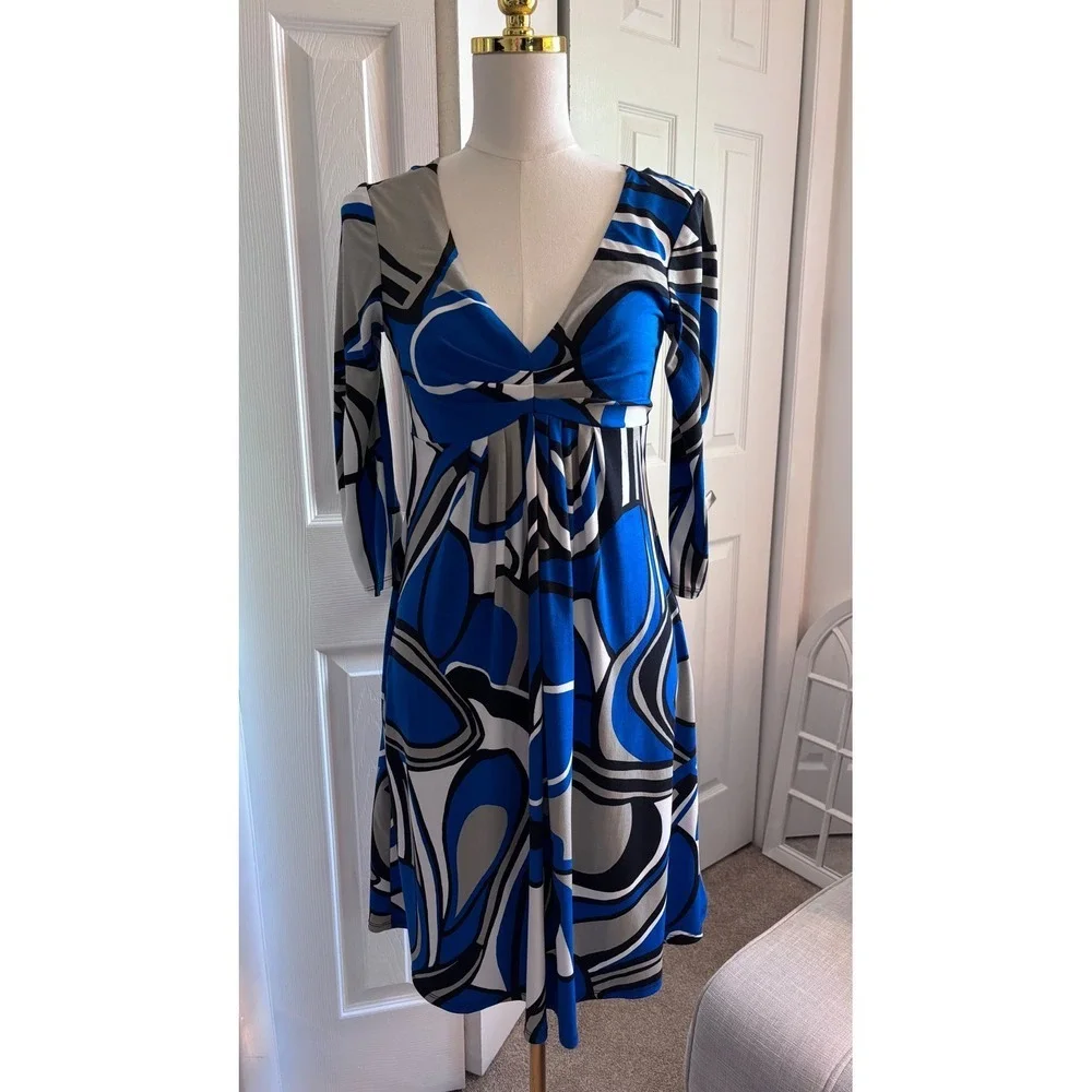 Bisou Bisou Blue Abstract Swirl Midi Dress Size 6 Stretch 3/4 Sleeve