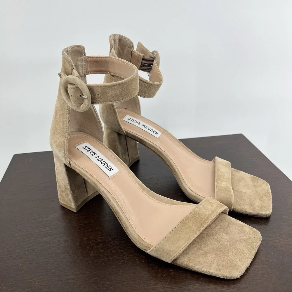 New Steve Madden Women's Reverie Heeled Sandals Size 7 Tan Suede Preppy Classic