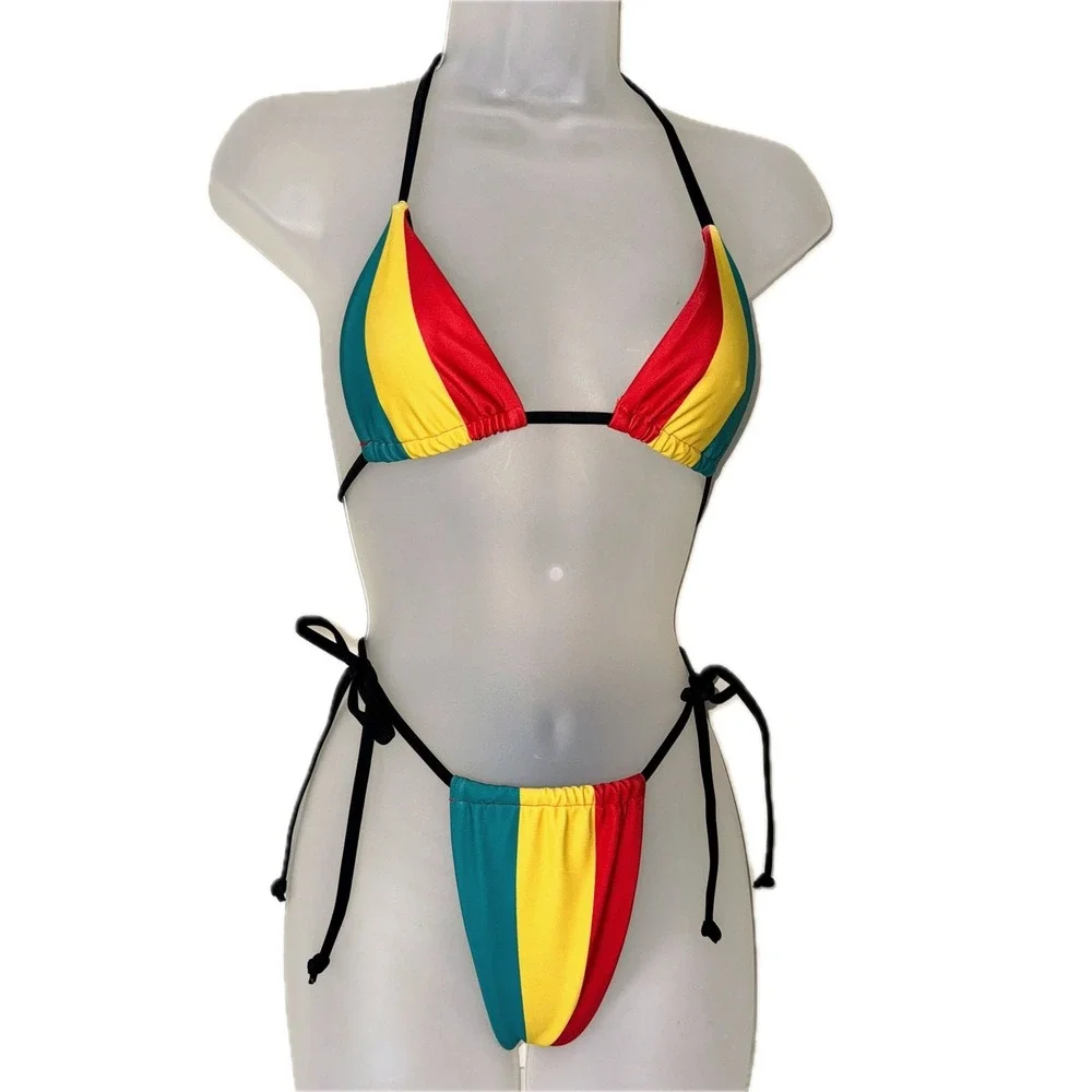 New Large Rasta Jamaica Striped Adjustable Ruched Bikini Swimsuit African Reggae