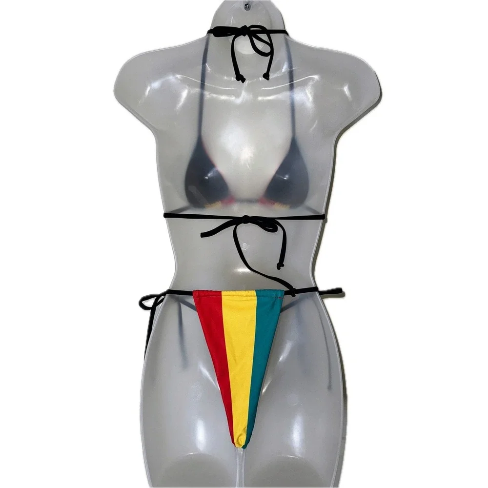 New Large Rasta Jamaica Striped Adjustable Ruched Bikini Swimsuit African Reggae