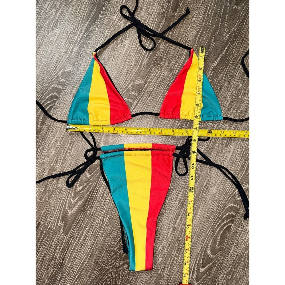 New Large Rasta Jamaica Striped Adjustable Ruched Bikini Swimsuit African Reggae