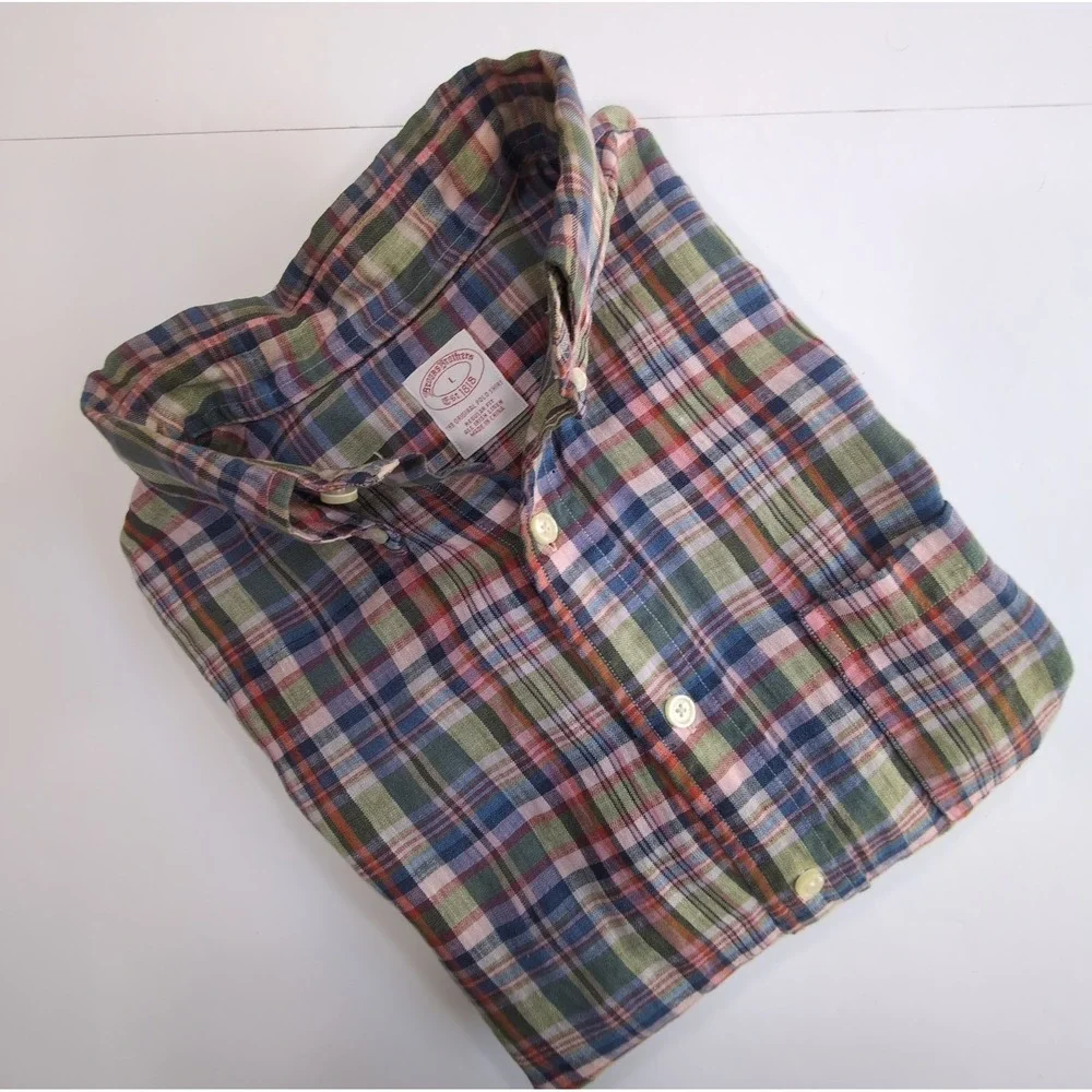 Brooks Brothers 1818 Irish Linen Plaid Shirt Mens L  AS IS READ Underarm Hole