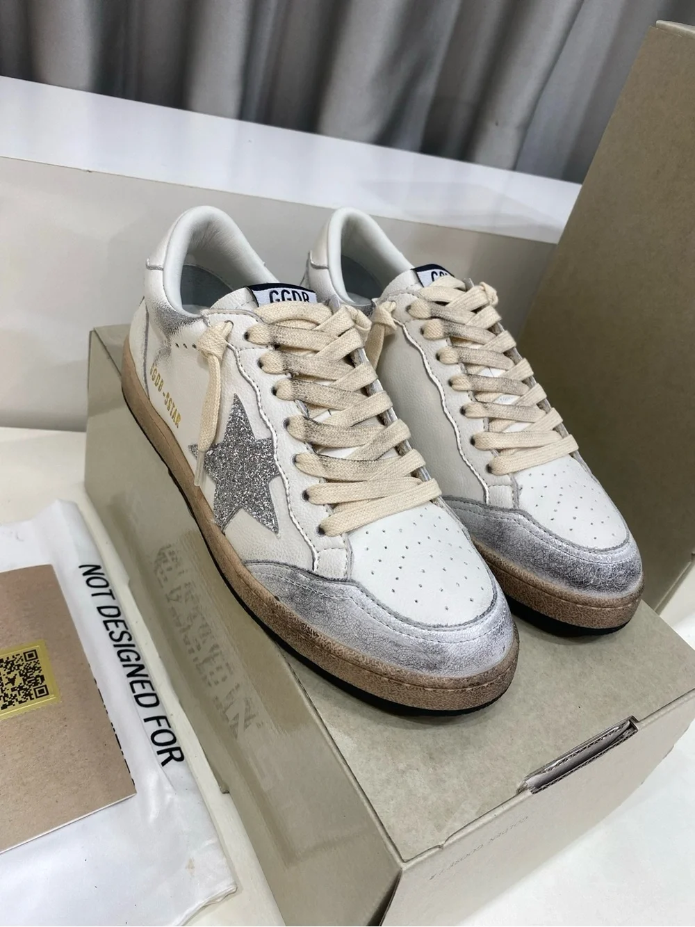 Golden Goose White Cream Sneakers with Silver Glitter Star
