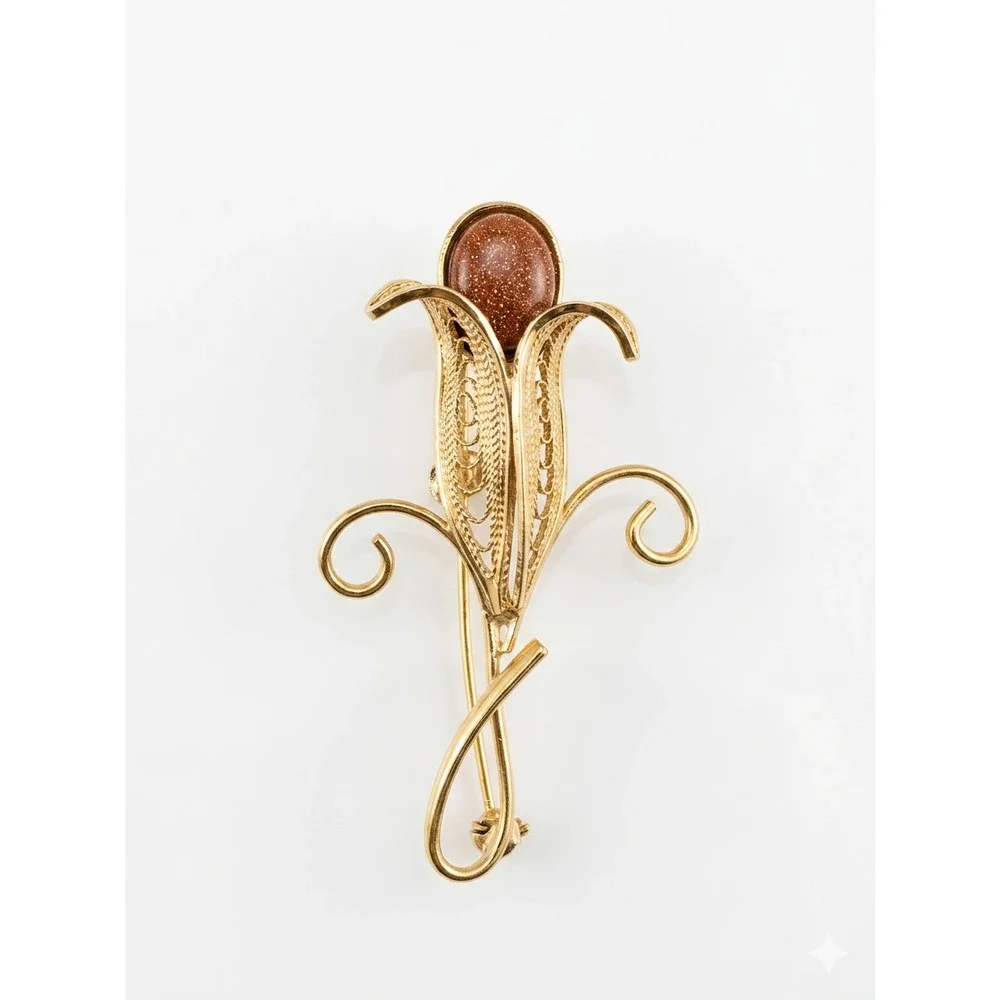 Vintage Gold Filigree Goldstone Calla Lily‎ Floral Brooch Pin