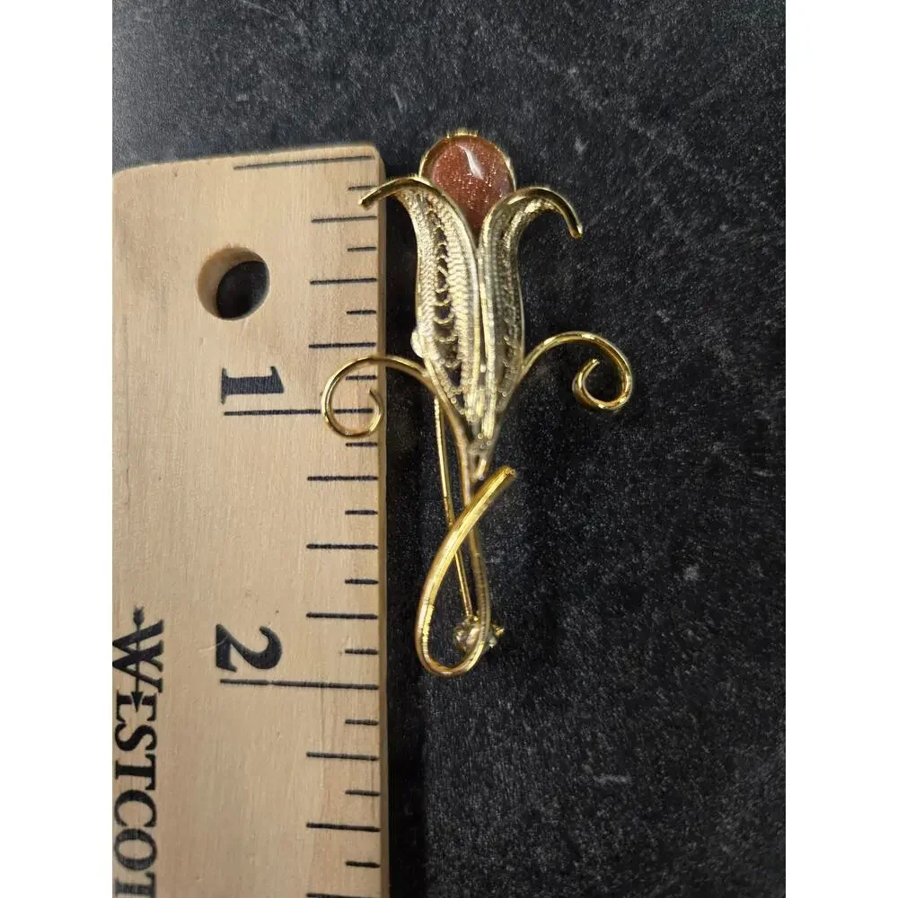 Vintage Gold Filigree Goldstone Calla Lily‎ Floral Brooch Pin