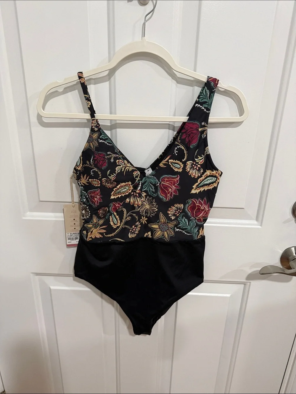 Black Floral V-Neck One-Piece Swimsuit with Red & Green Blooms