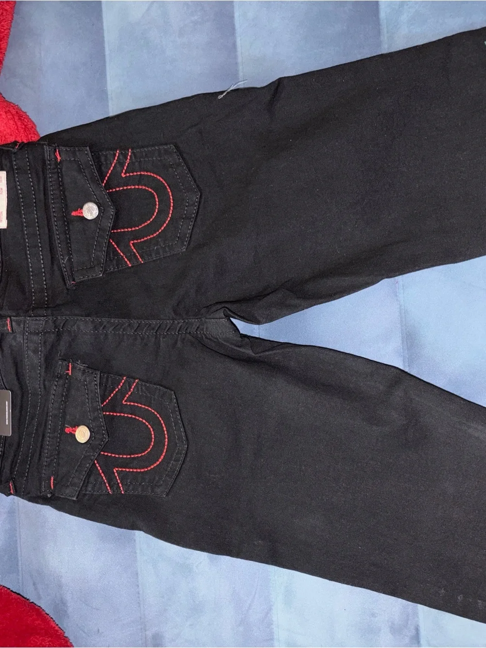 True Religion Slim Straight Black Jeans with Red Stitching
