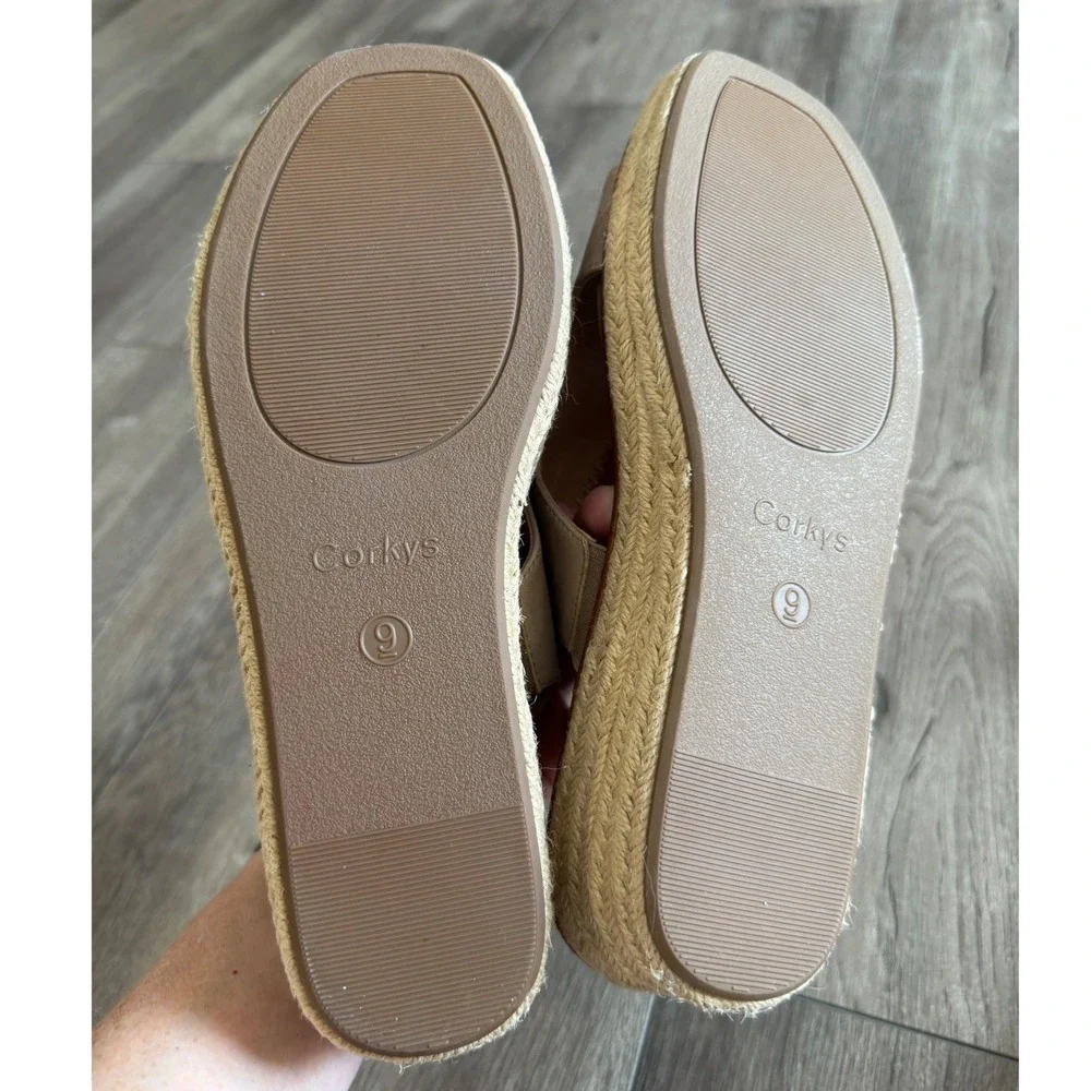 Corkys Ready Or‎ Not Tan Espadrille Wedge Sandals 9 Slingback Platform NWOT