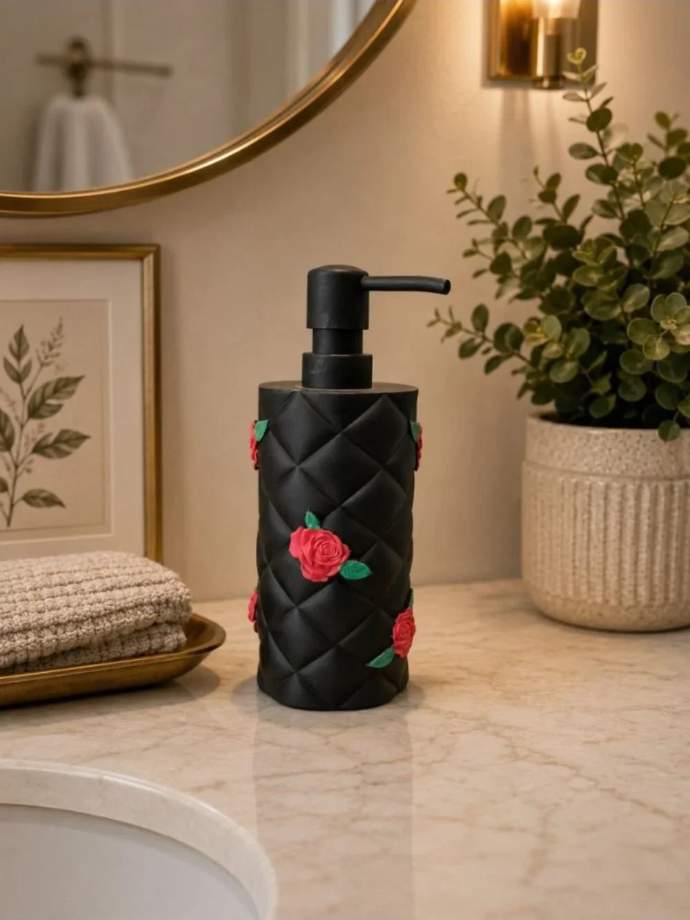 New Black Quilted Soap Lotion Dispenser. W/ Red Roses Bathroon Vanity Decor