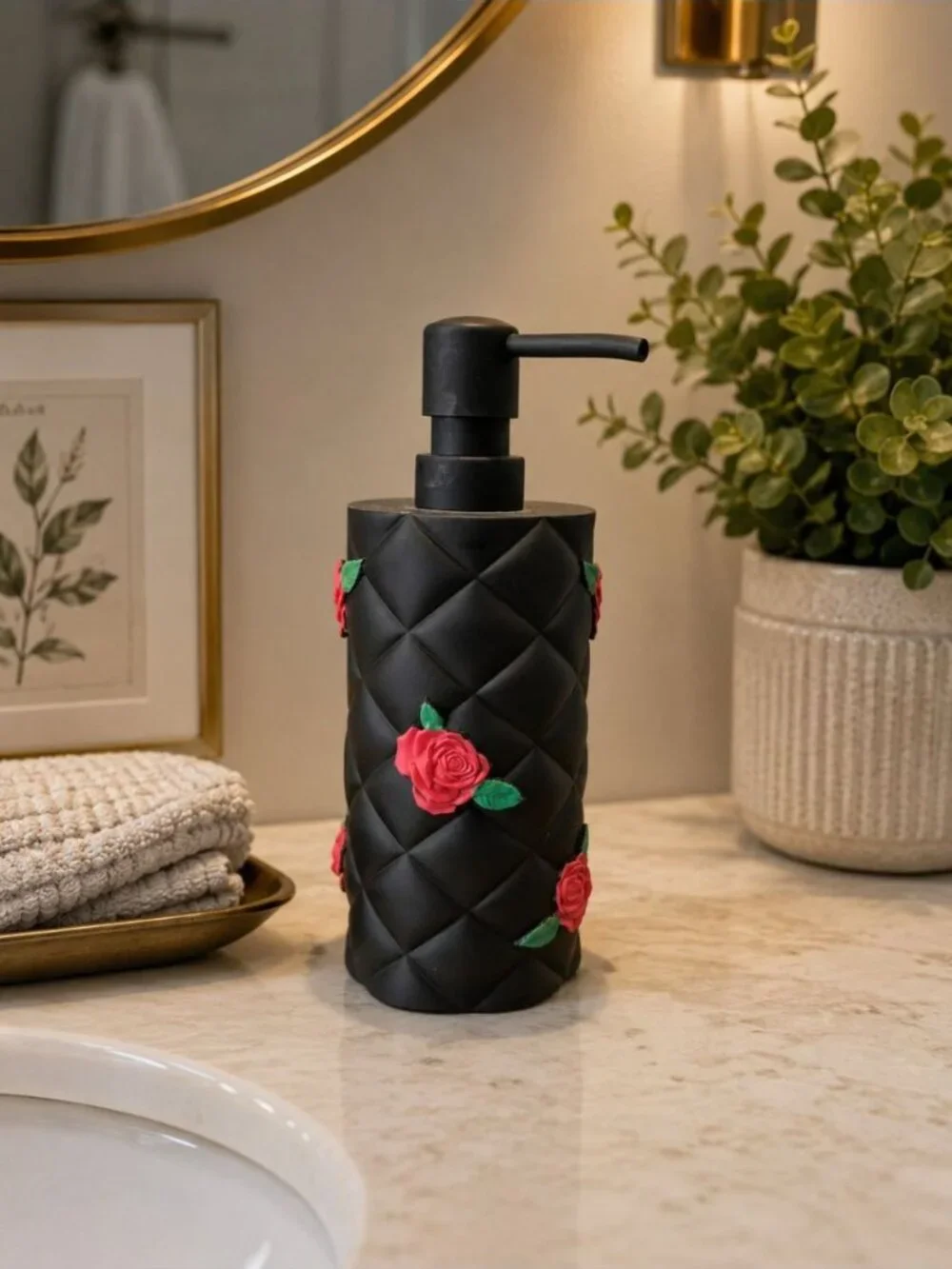 New Black Quilted Soap Lotion Dispenser. W/ Red Roses Bathroon Vanity Decor