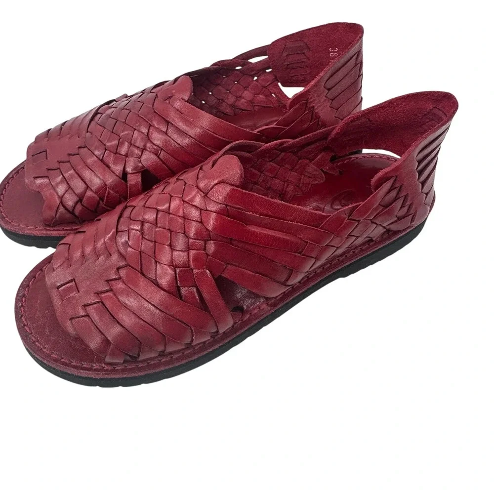 Brand X Red Leather Woven Huarache Sandals Womens Size 6.5Mexico Flat Boho