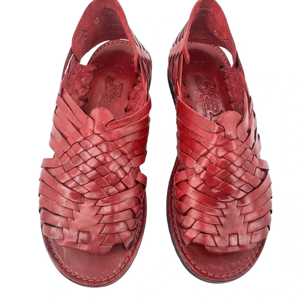 Brand X Red Leather Woven Huarache Sandals Womens Size 6.5Mexico Flat Boho