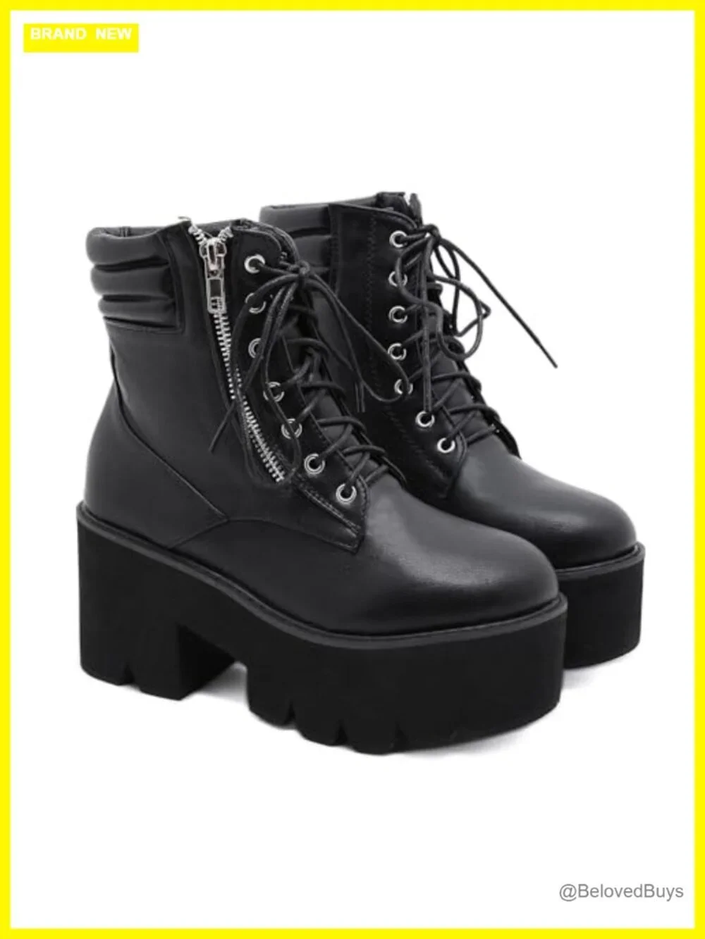 Women's Round Toe Platform Ankle Boots Chunky Heel Lace Up Zip Combat Boots