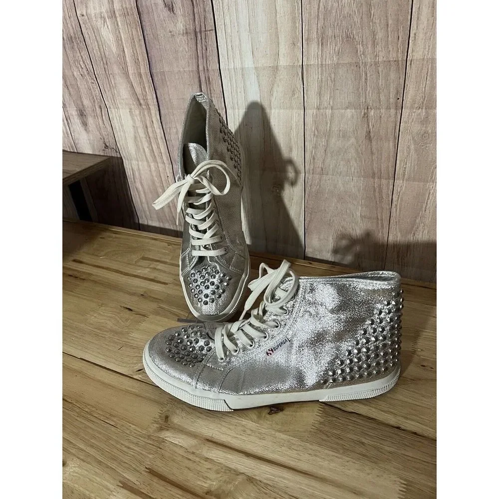 Superga Womens 9 US High Tops Silver Glitter Studded lace up