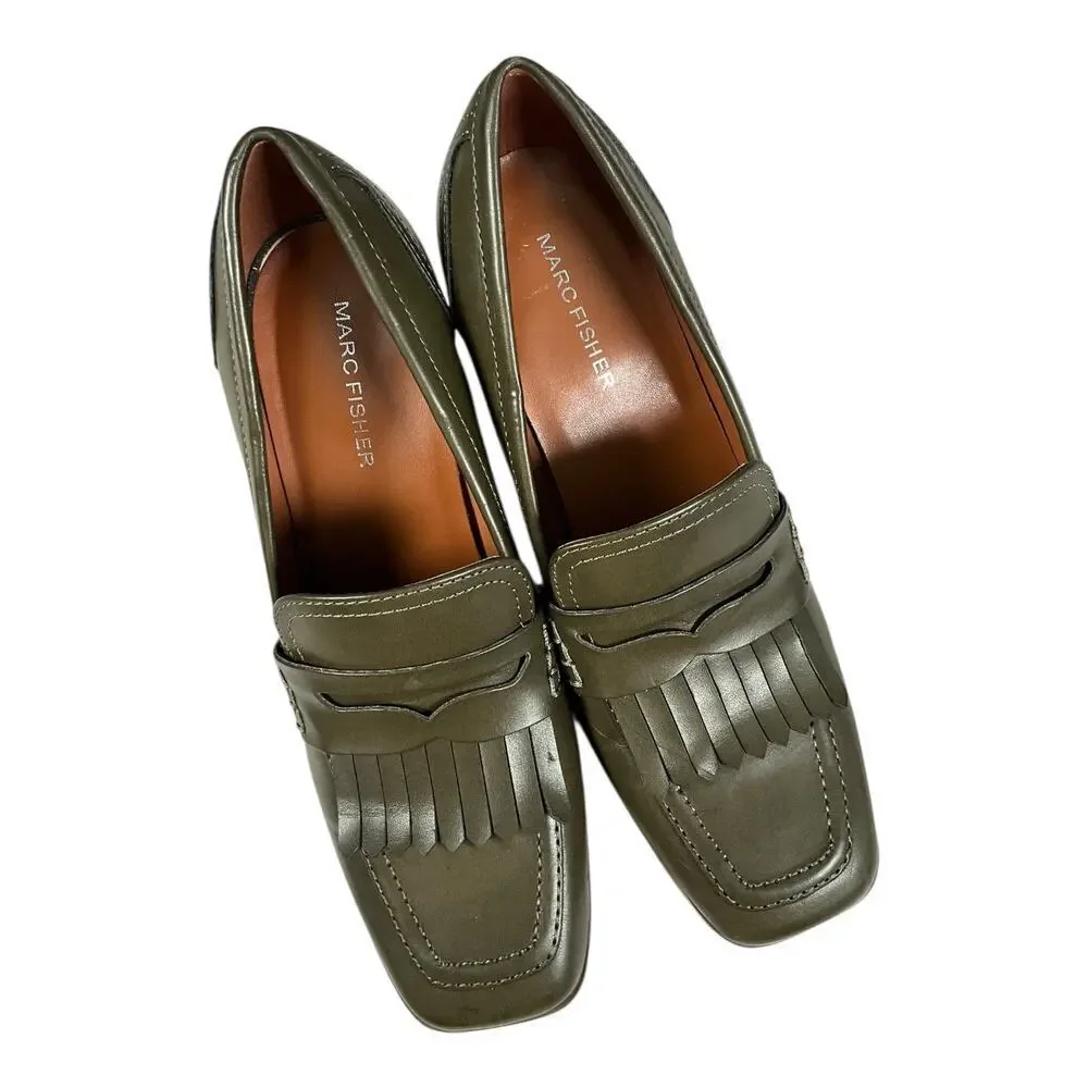 Marc Fisher Olive Green Chunky Heel Loafer Pumps Size 7.5 Fringe Preppy Block