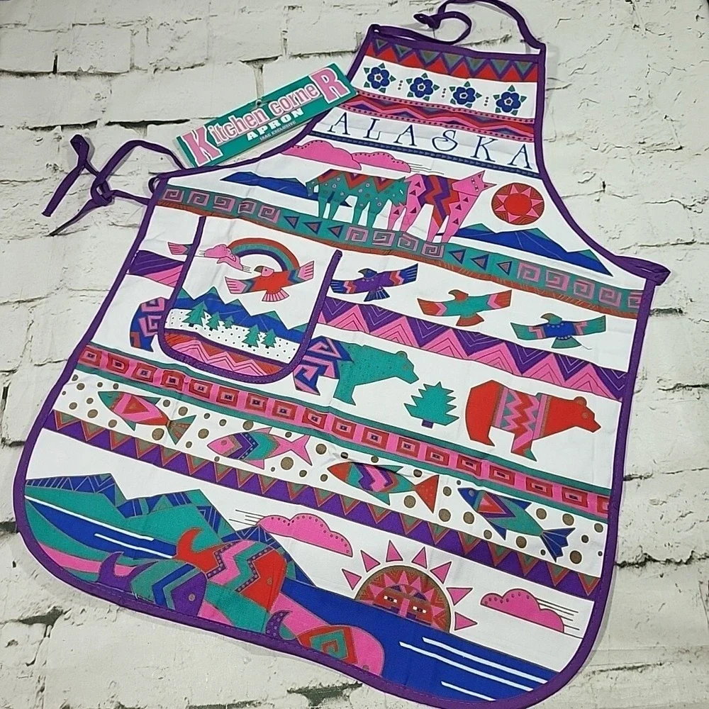 Vintage‎ ALASKA Apron Purple Inuit Arctic Print Bears Eagles 80s NOS