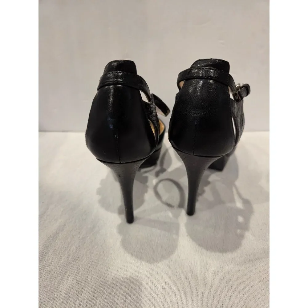 Ivanka Trump Black Leather Platform Stiletto Heels w/ Ankle Strap Peep Toe Sz 6