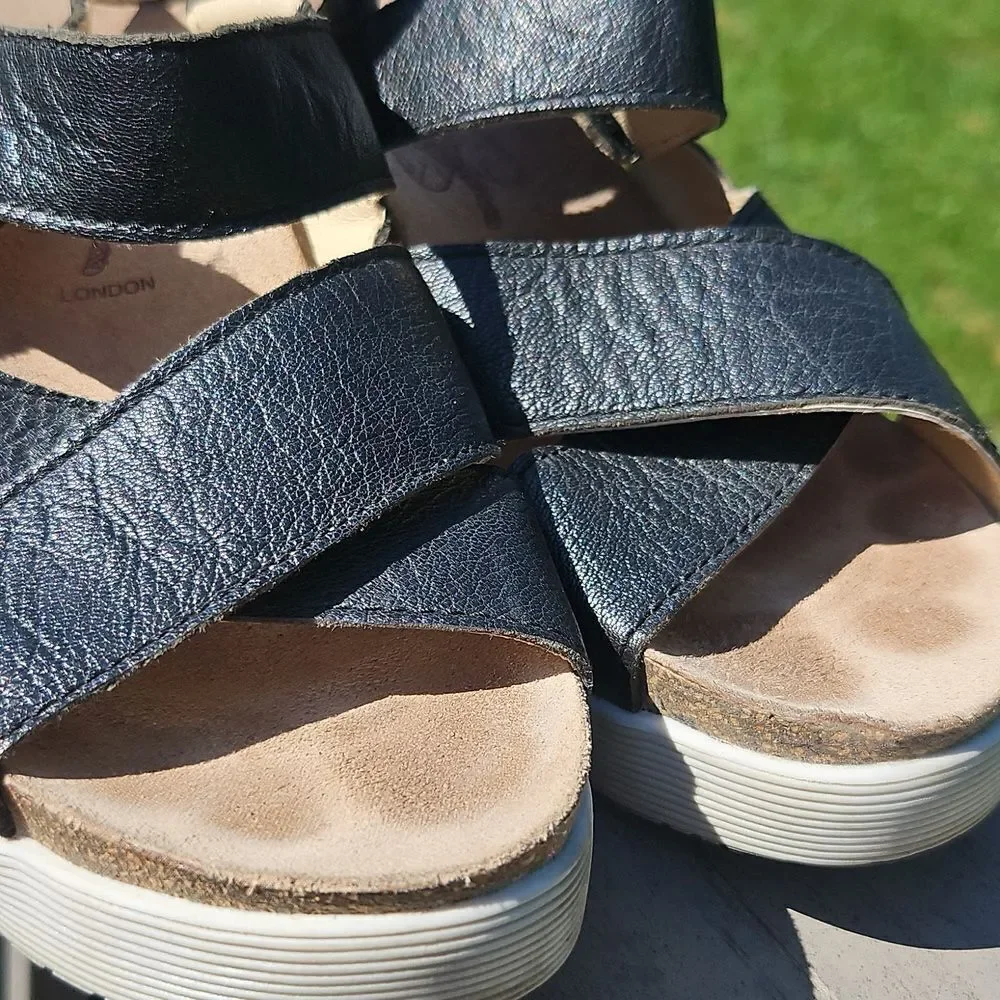 FLY London Black Leather Wedge Sandals Size 39