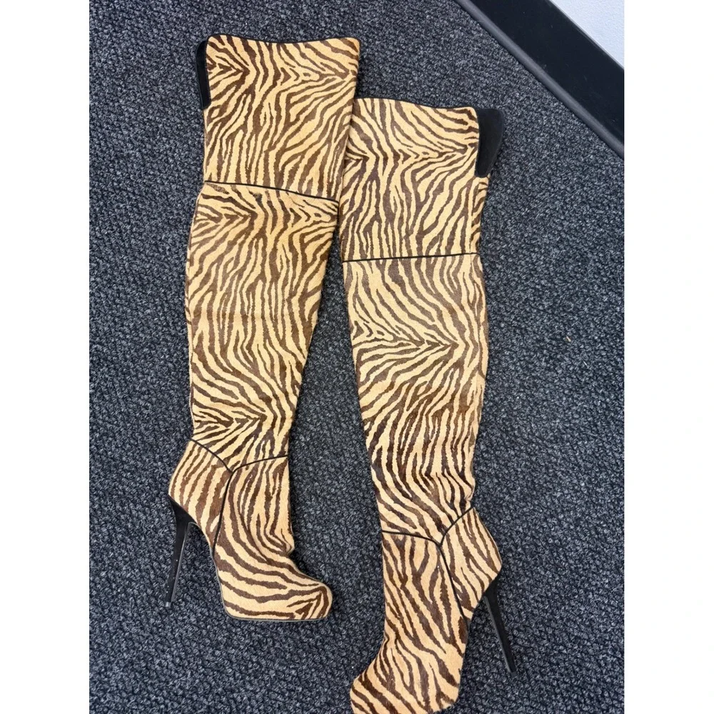 Y2K Mob Wife Tony Bianco Zebra Print Pony Hair Thigh High Stiletto Boots 9.5