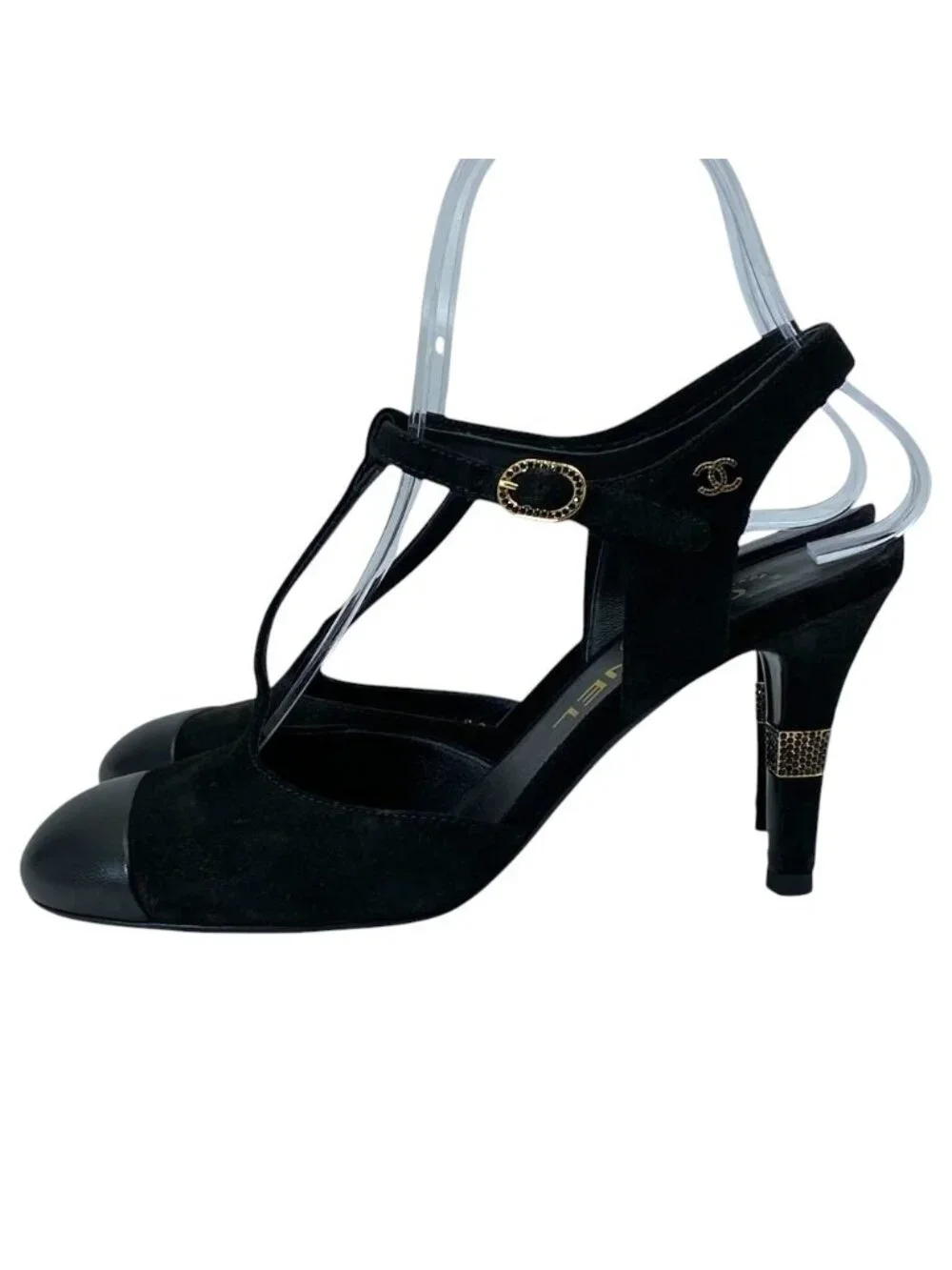 Chanel T Strap Pumps CC Logo Suede Leather Black Gold High Quality Daily