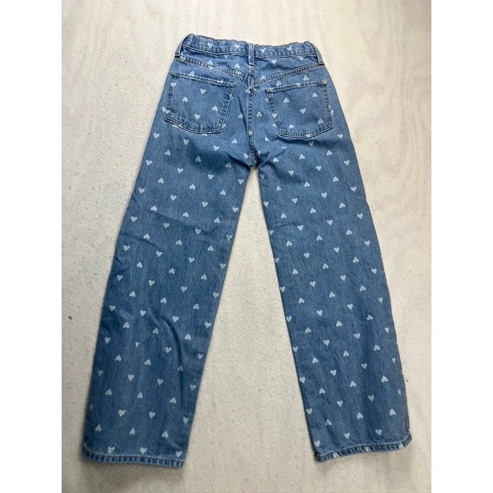 Old Navy Baggy Wide Leg Jeans Kids 14 Blue Heart Print High Rise Denim