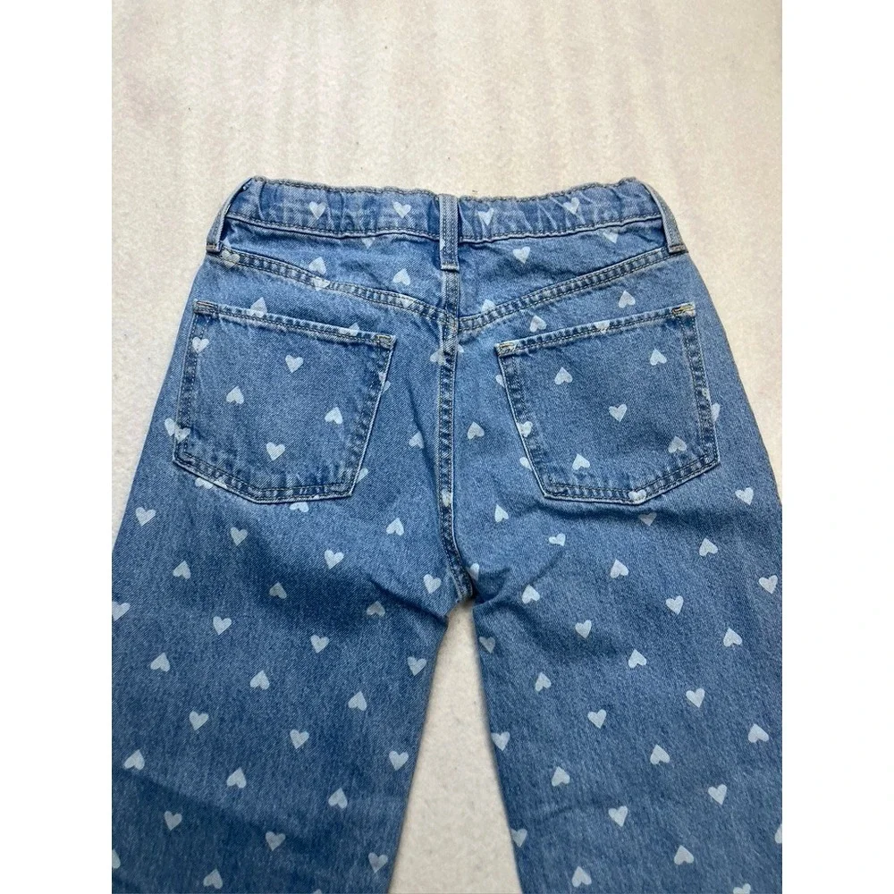 Old Navy Baggy Wide Leg Jeans Kids 14 Blue Heart Print High Rise Denim