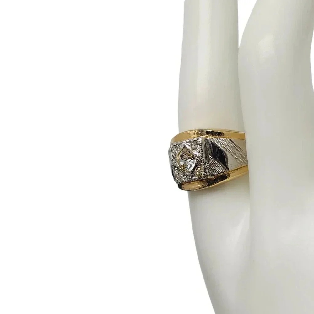 Uncas 18k Gold Plated Two-Tone Textured Clear Rhinestone Zircon Ring Size 9