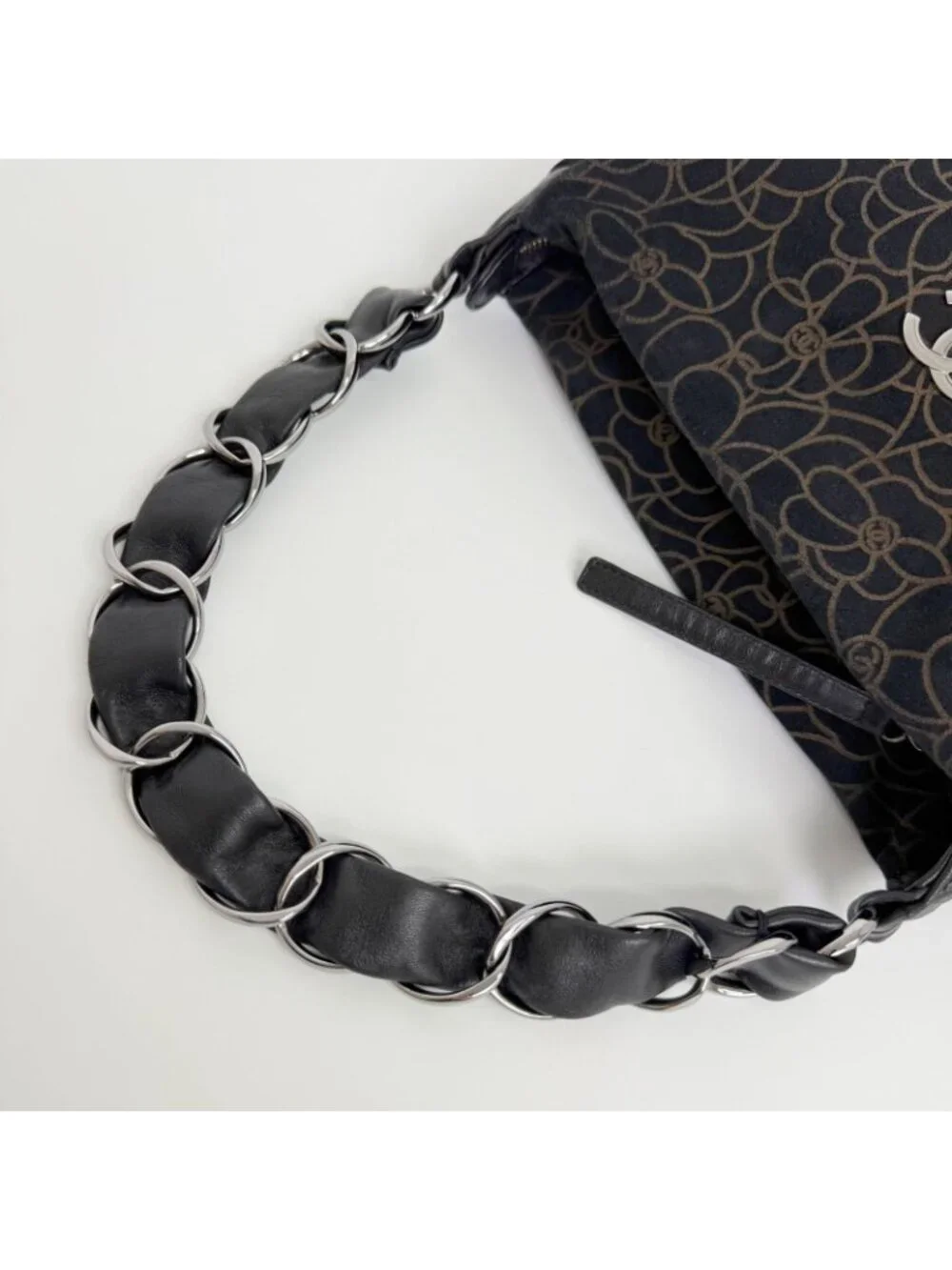 Chanel Camellia Print CC Logo Chain Shoulder Bag Suede Leather Black Silver