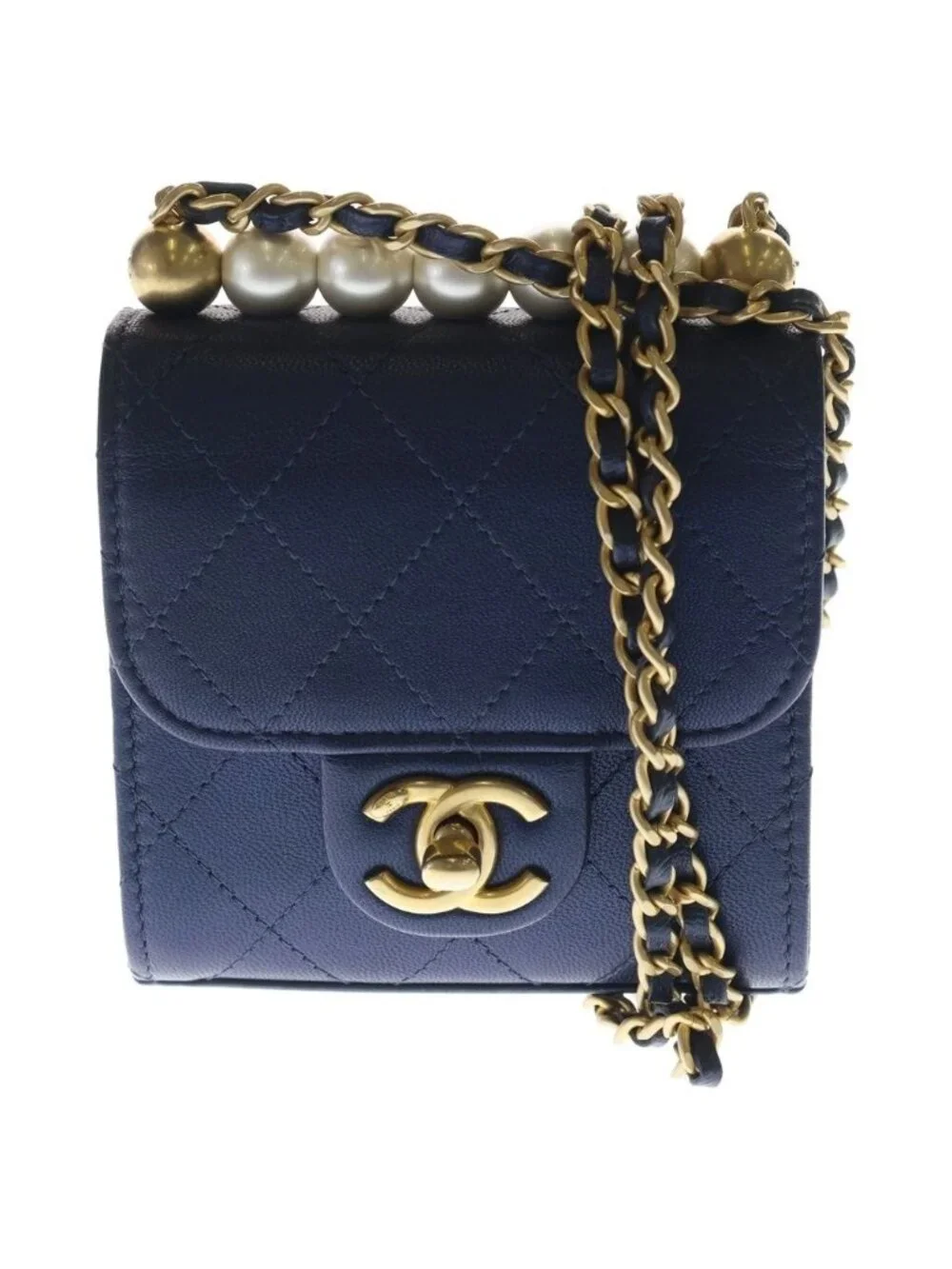 Chanel Mini Quilted Chain Shoulder Back Gold Goatskin Navy