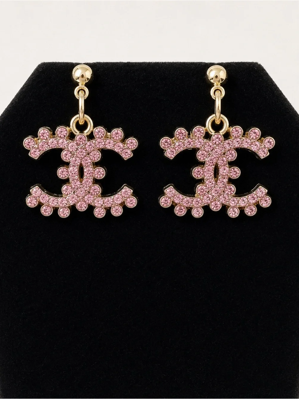 Chanel Gold-Tone Pink Crystal CC Drop Earrings