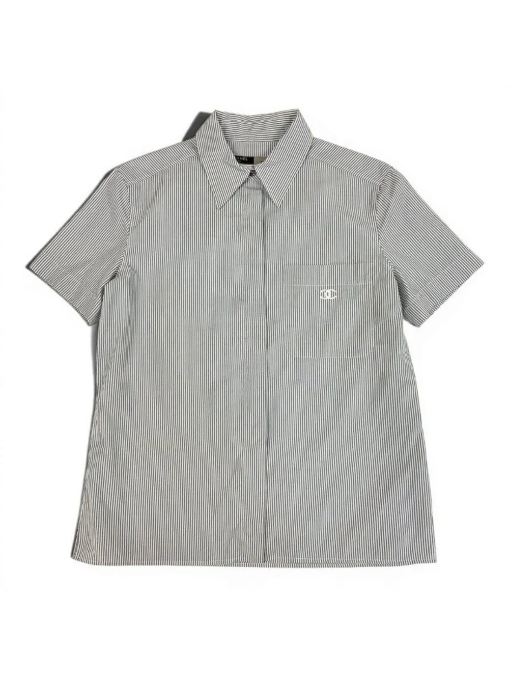 Chanel CC Logo Short Sleeve Striped Shirt 38 Gray White Cotton