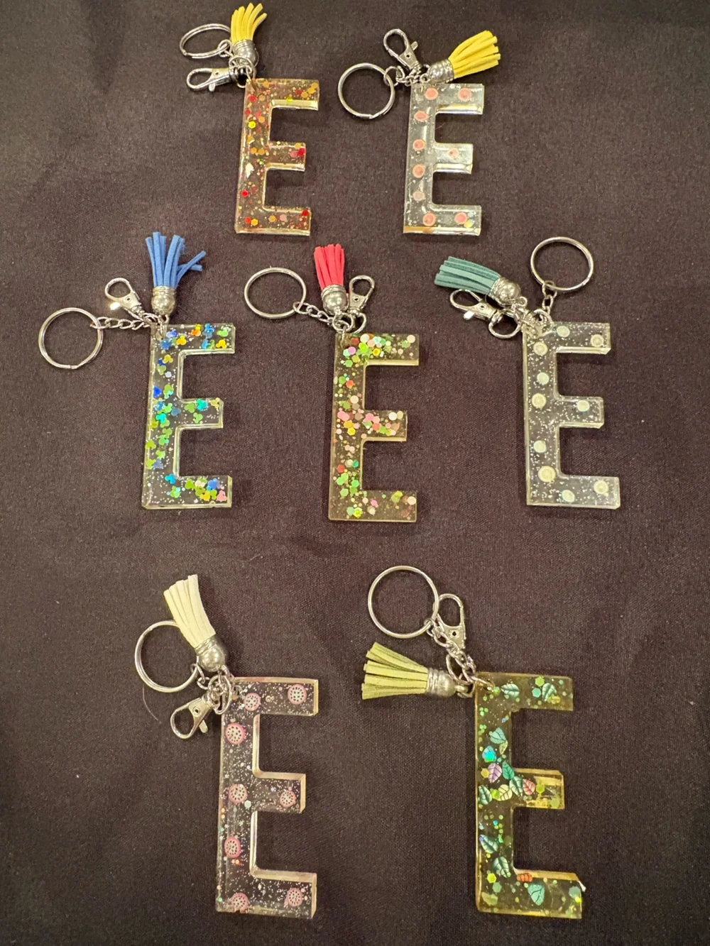 Glitter Resin 'E' Keychains with Tassels - Assorted Colors
