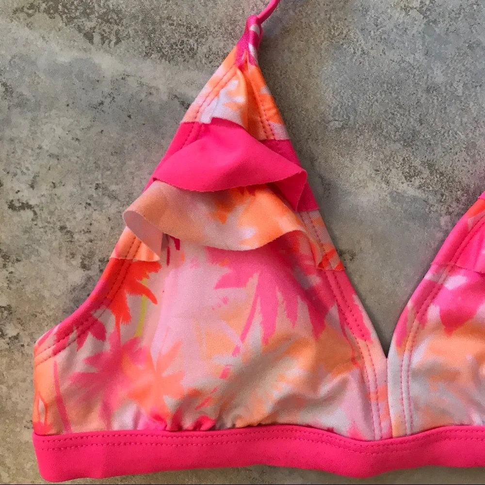 Justice Girls Bikini Swim Top Size 14 Padded Pink Ruffles Palm Trees Tropical