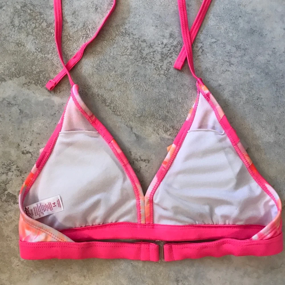 Justice Girls Bikini Swim Top Size 14 Padded Pink Ruffles Palm Trees Tropical