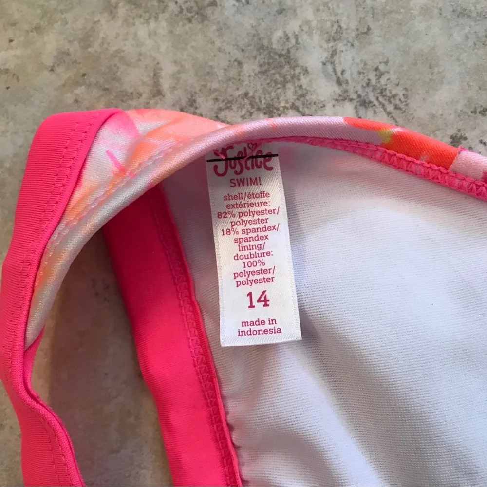 Justice Girls Bikini Swim Top Size 14 Padded Pink Ruffles Palm Trees Tropical