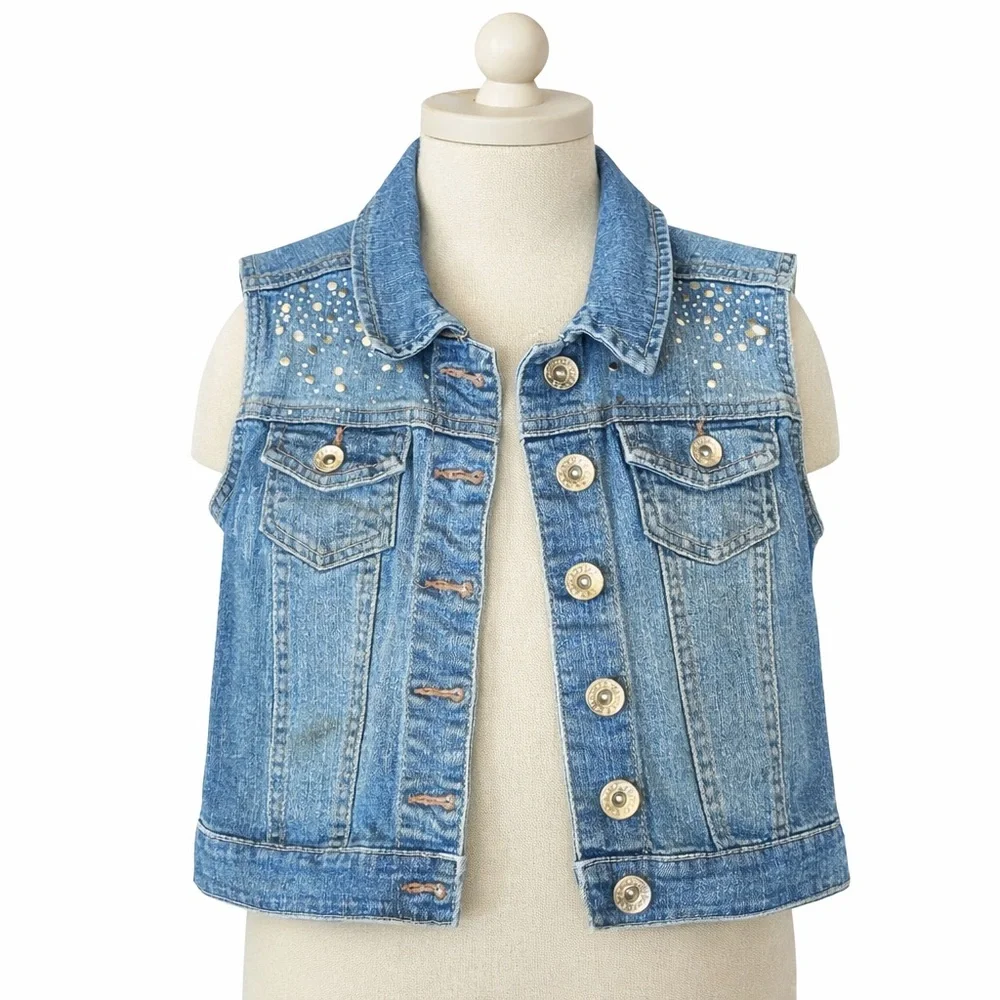 Justice Vest Denim Jean Embellished Bling Sleeveless Jacket Distressed Kid 10/12