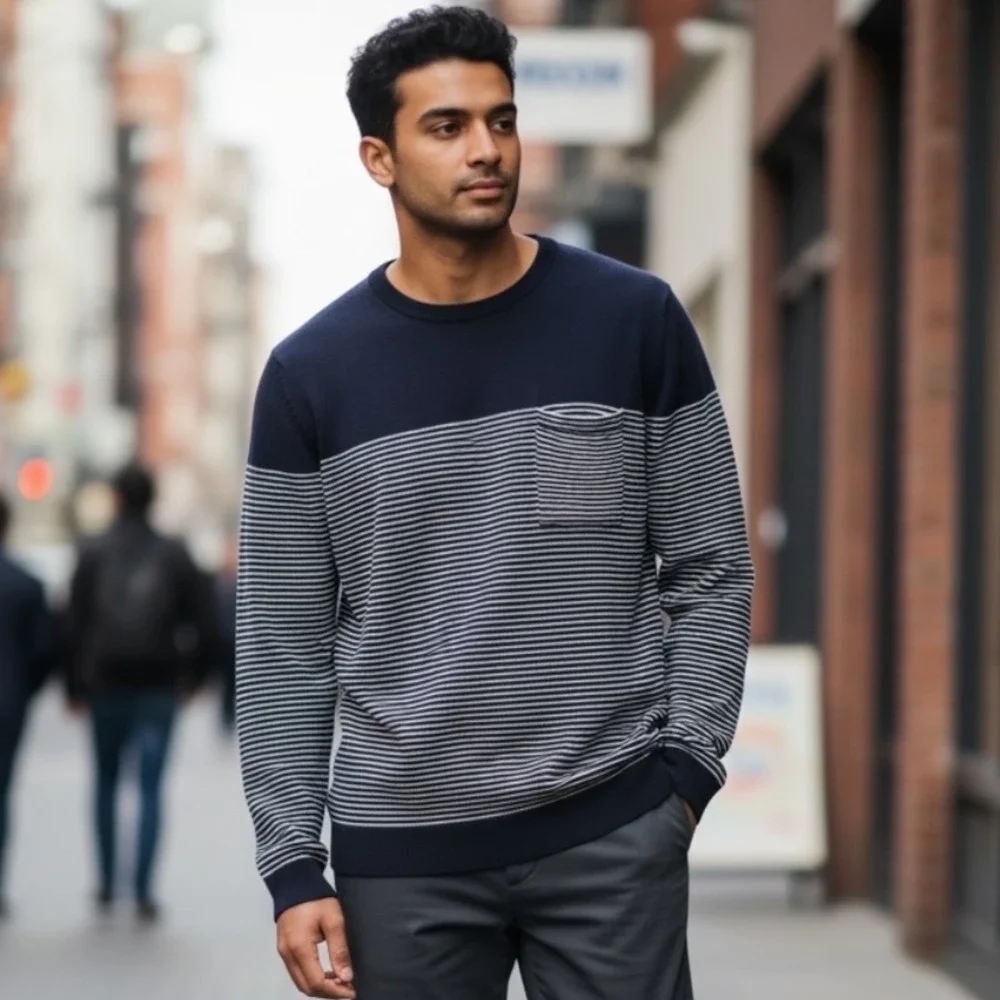 Banana‎ Republic Extra Fine Merino Wool Striped Sweater Navy Blue Men XL #583