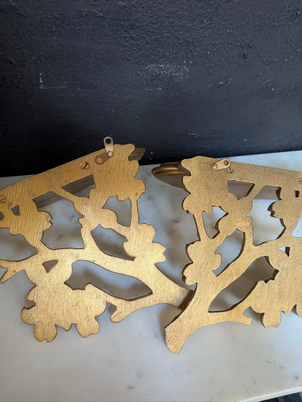 Vintage, Set of 2, MCM Gold Syroco/ Homco dogwood florals branch wall shelves,