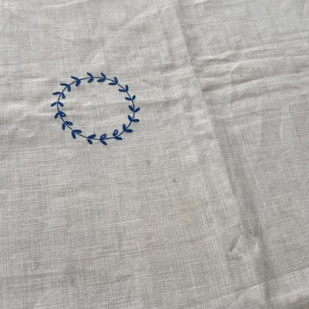 Antique Linen Tablecloth Blue & White Florals Hand Embroidered 64.5 x 47
