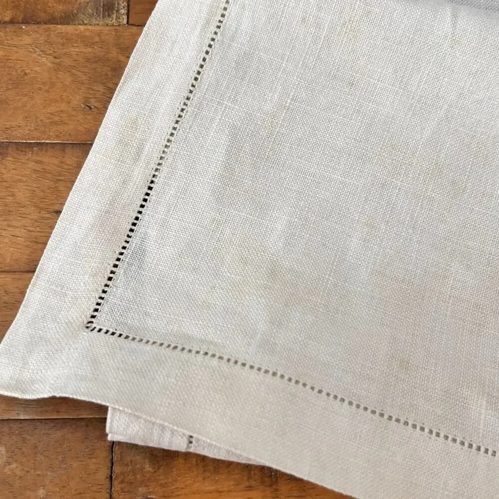 Antique Linen Tablecloth Blue & White Florals Hand Embroidered 64.5 x 47