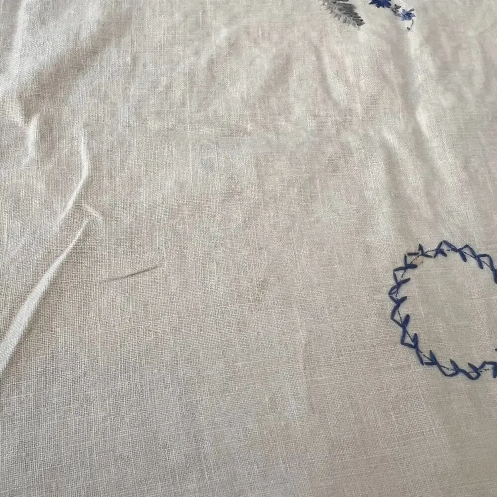 Antique Linen Tablecloth Blue & White Florals Hand Embroidered 64.5 x 47